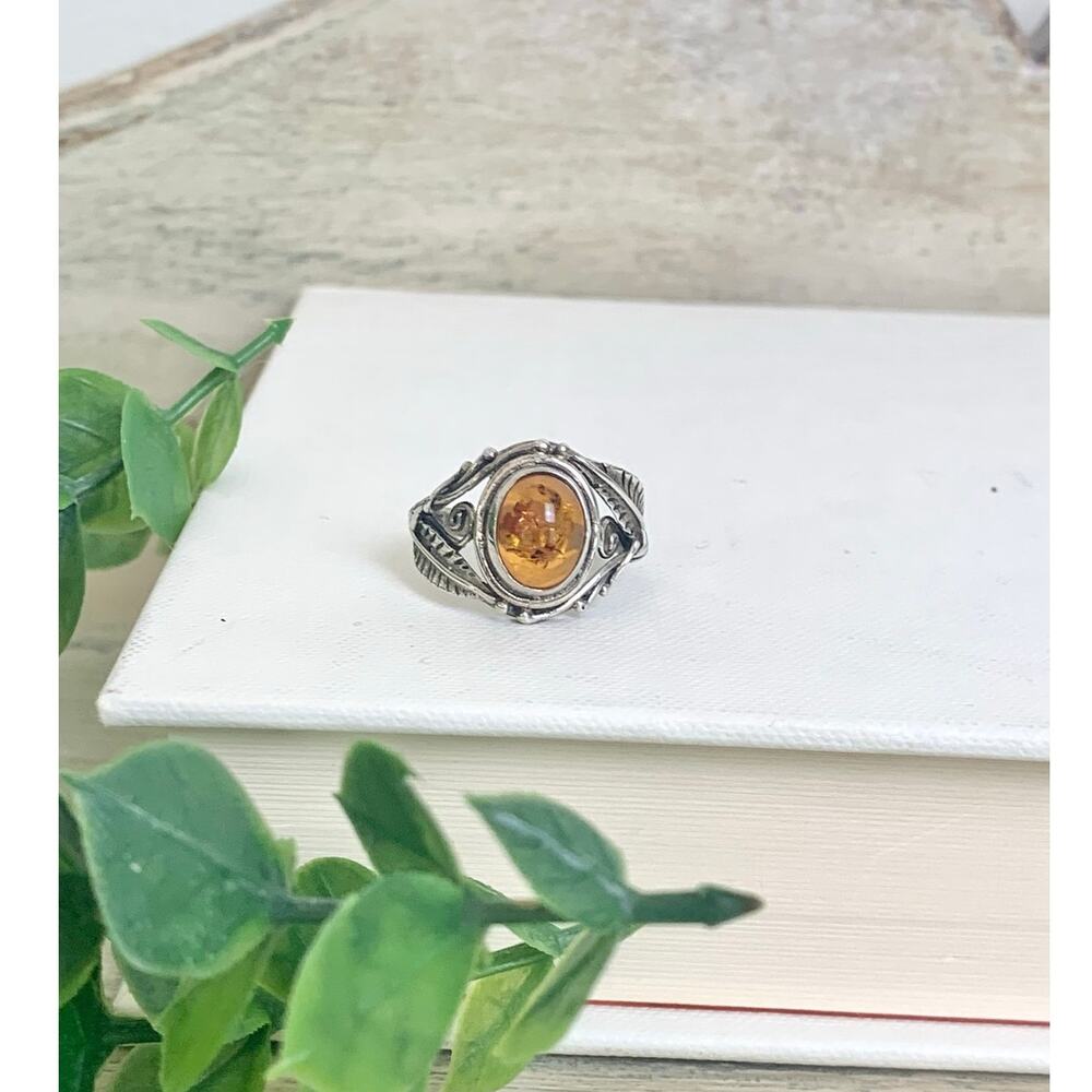 Vintage Sterling Silver Amber Ring Botanical Leaf Filigree Jewelry Boho Cocktail